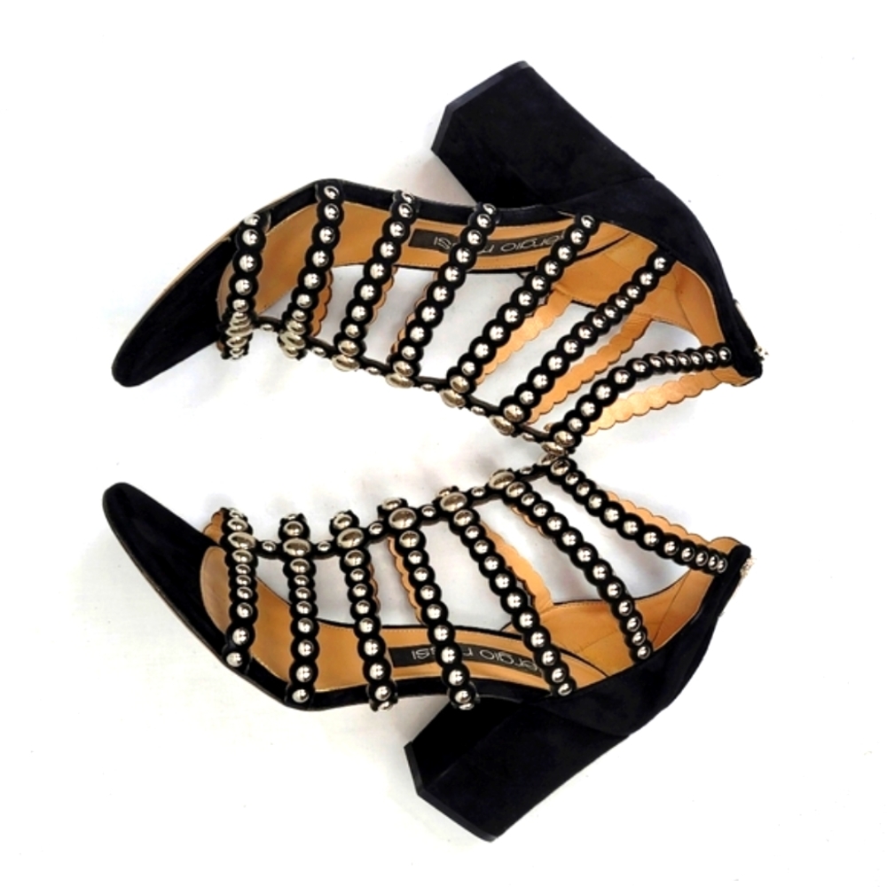 Sergio Rossi Black Strappy Studs Block Heels Sandals size 39 - Picture 8 of 11